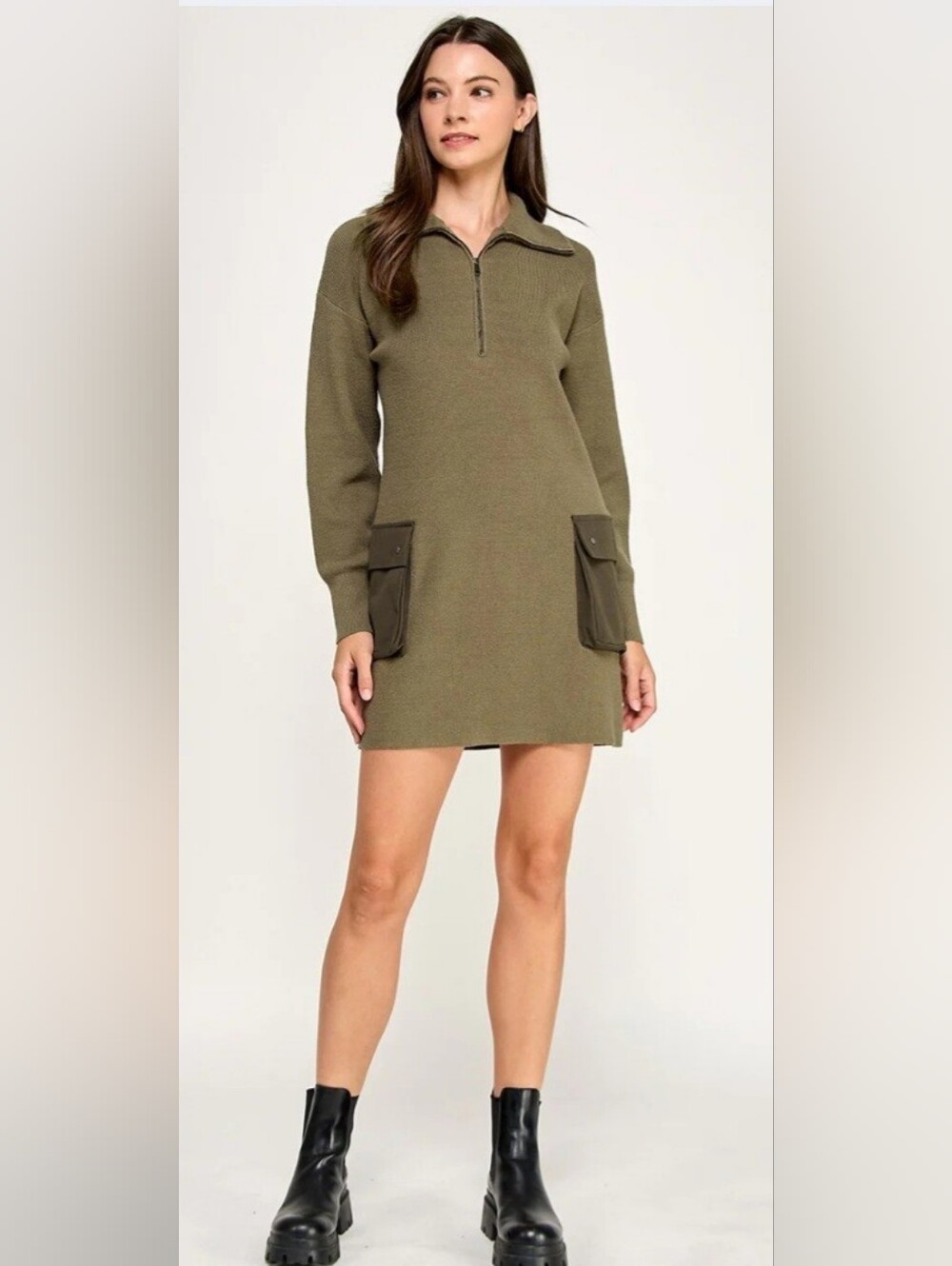 Ellison Olive Zip-Front Knit Mini Dress